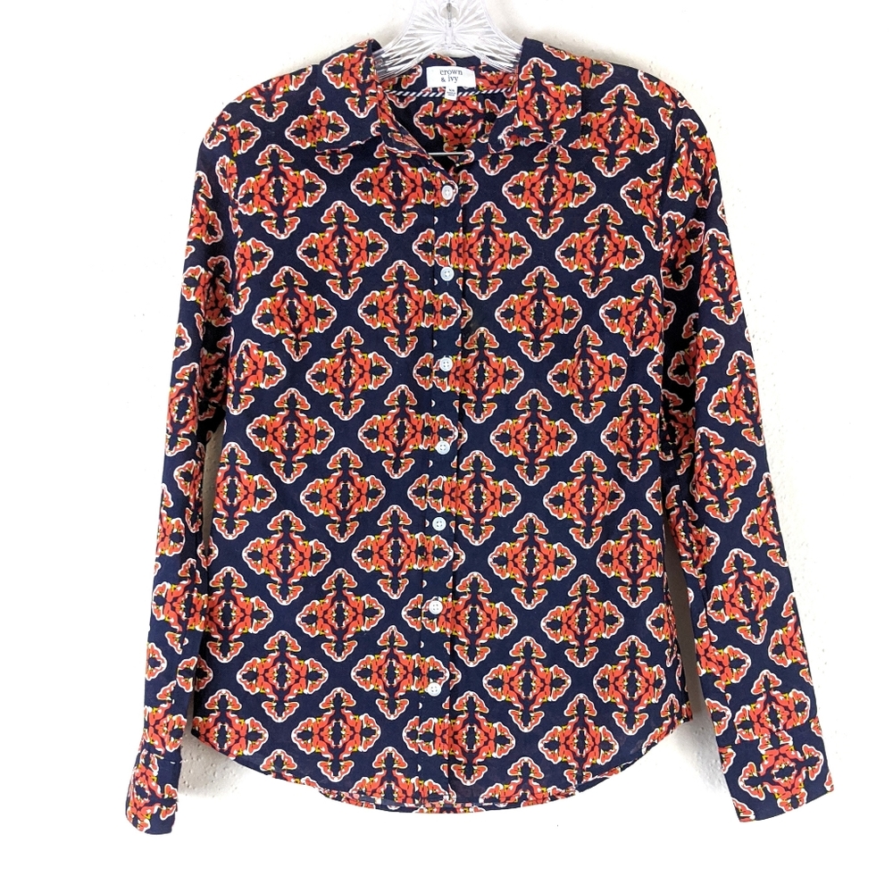 Crown & Ivy Navy Orange Pattern Shirt NWOT XS